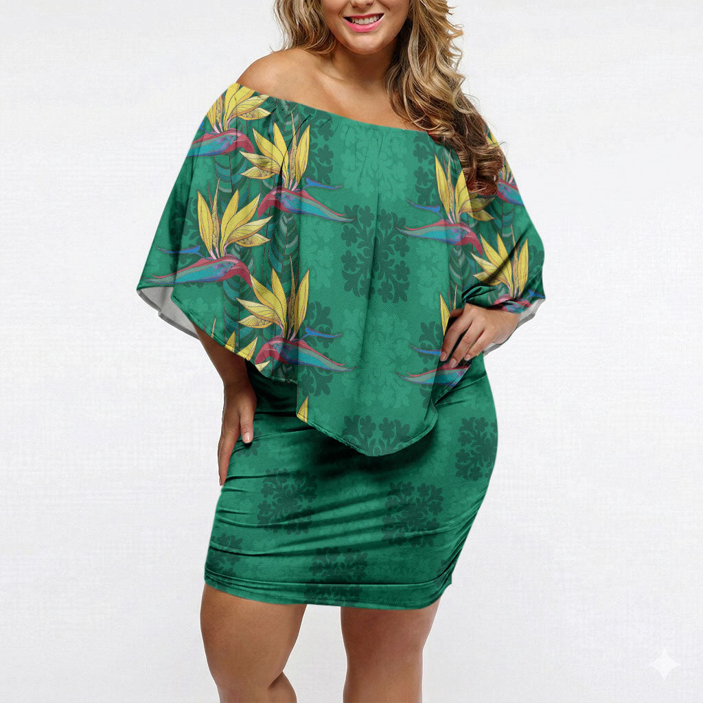 Hawaii Waikiki King Off Shoulder Short Dress Green Quilt With Pua Manu LT05 Women Green - Polynesian Pride
