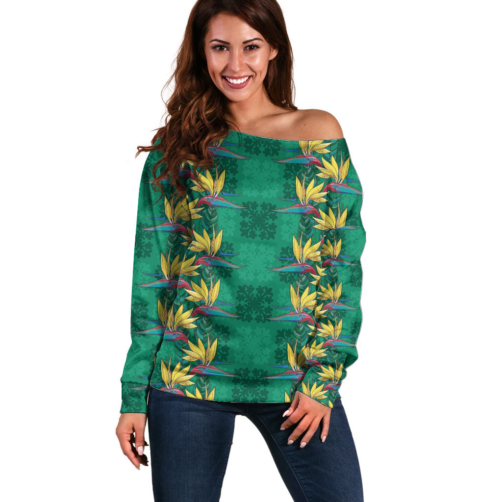 Hawaii Waikiki King Off Shoulder Sweater Green Quilt With Pua Manu LT05 Women Green - Polynesian Pride