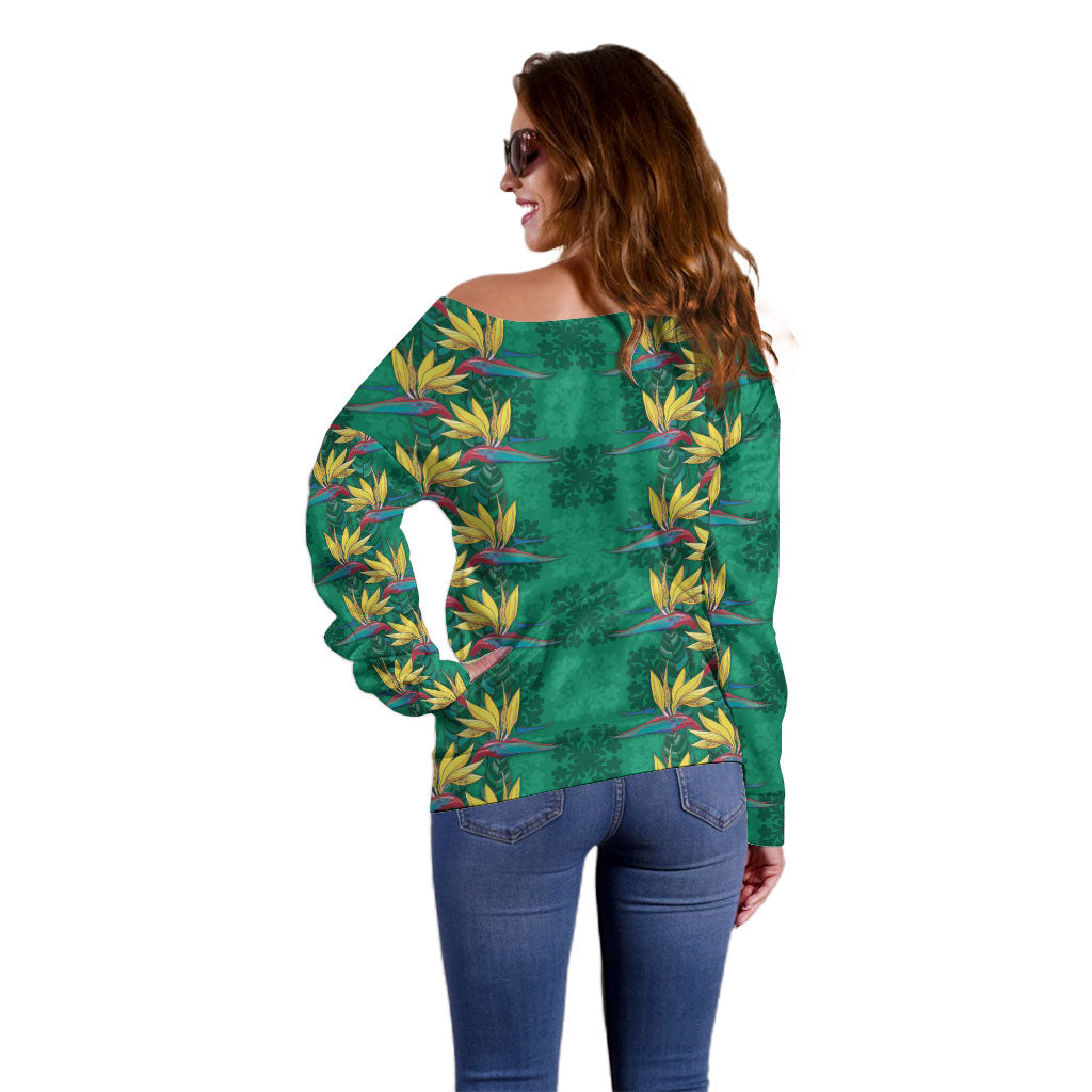 Hawaii Waikiki King Off Shoulder Sweater Green Quilt With Pua Manu LT05 - Polynesian Pride