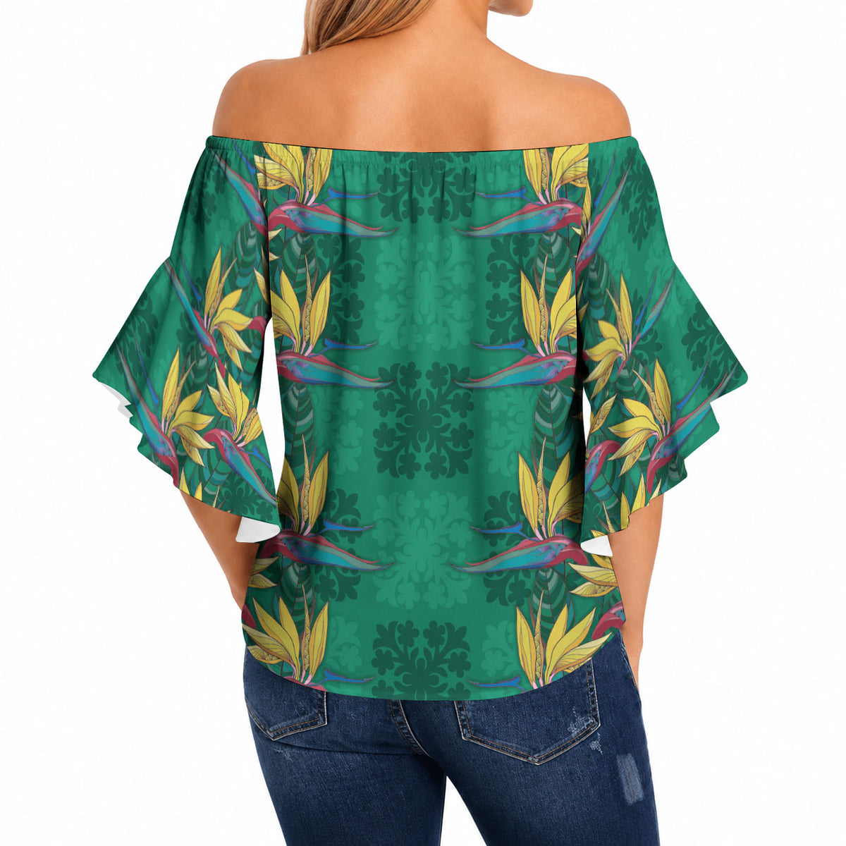 Hawaii Waikiki King Off Shoulder Wrap Waist Top Green Quilt With Pua Manu LT05 - Polynesian Pride