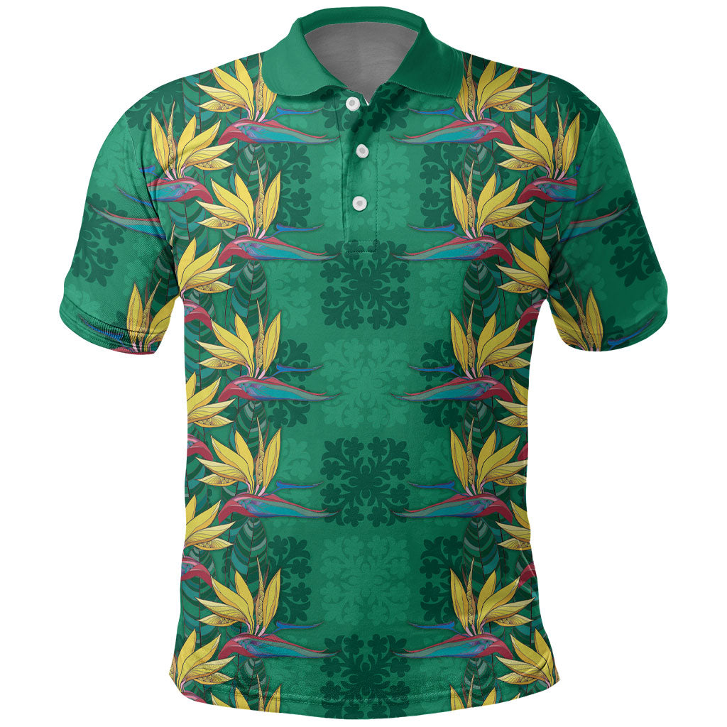 Hawaii Waikiki King Polo Shirt Green Quilt With Pua Manu