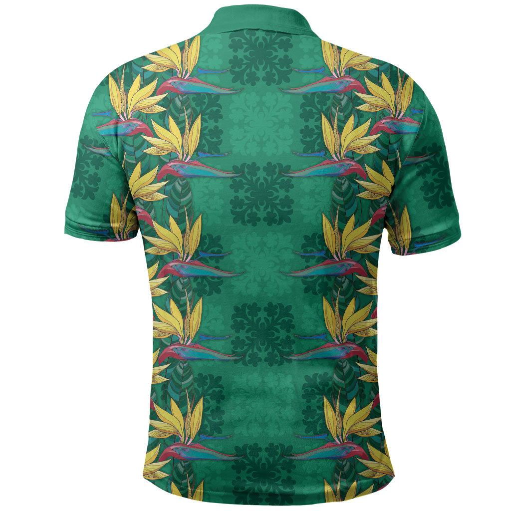 Hawaii Waikiki King Polo Shirt Green Quilt With Pua Manu LT05 - Polynesian Pride