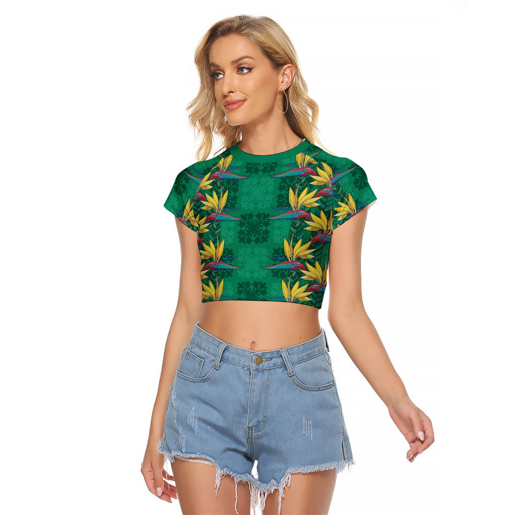 Hawaii Waikiki King Raglan Cropped T Shirt Green Quilt With Pua Manu