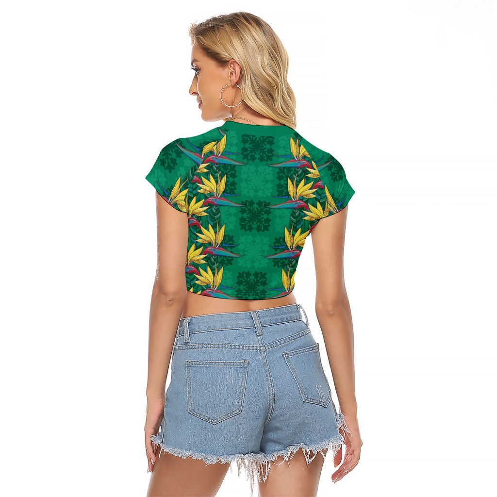 Hawaii Waikiki King Raglan Cropped T Shirt Green Quilt With Pua Manu LT05 - Polynesian Pride