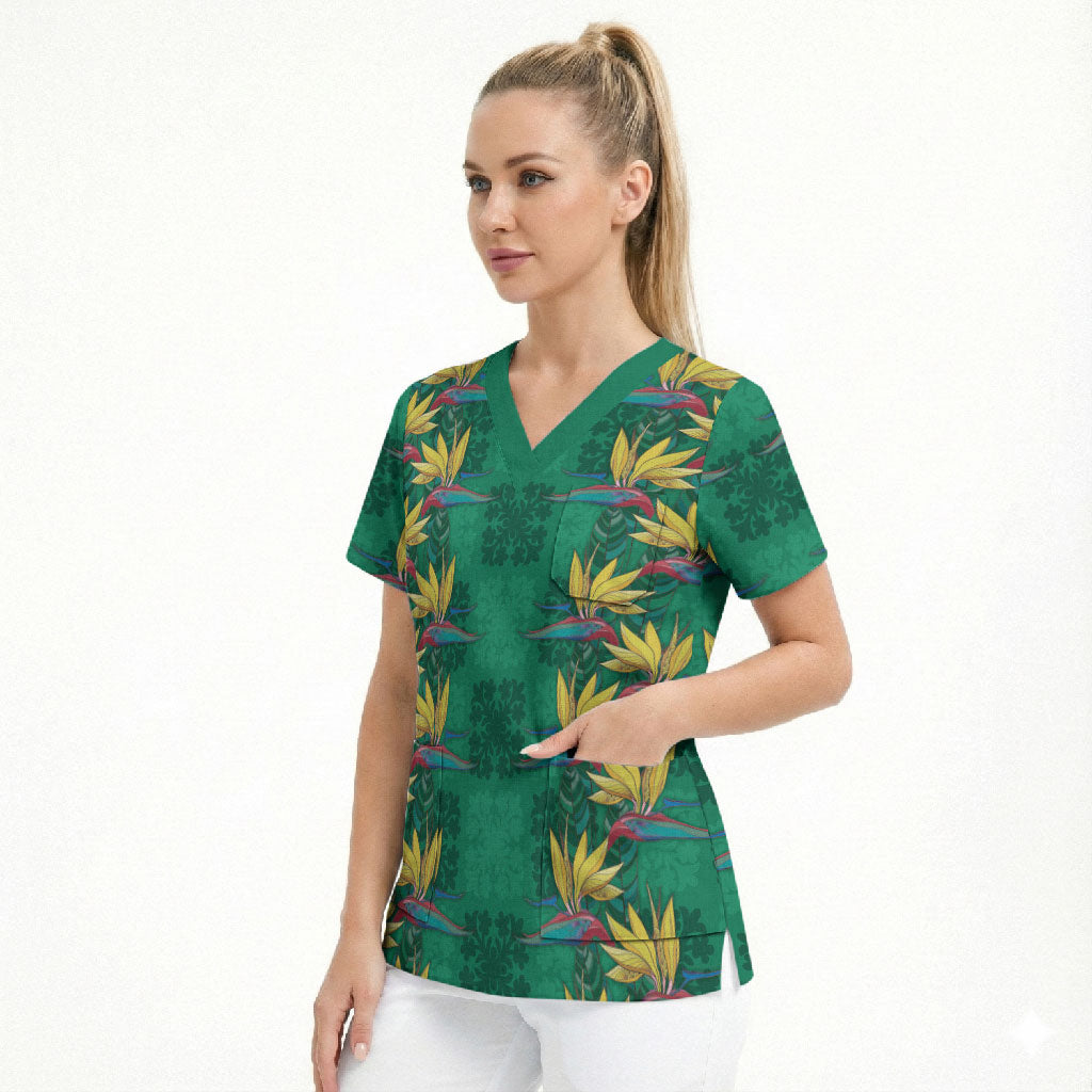 Hawaii Waikiki King Scrub Top Green Quilt With Pua Manu LT05 - Polynesian Pride