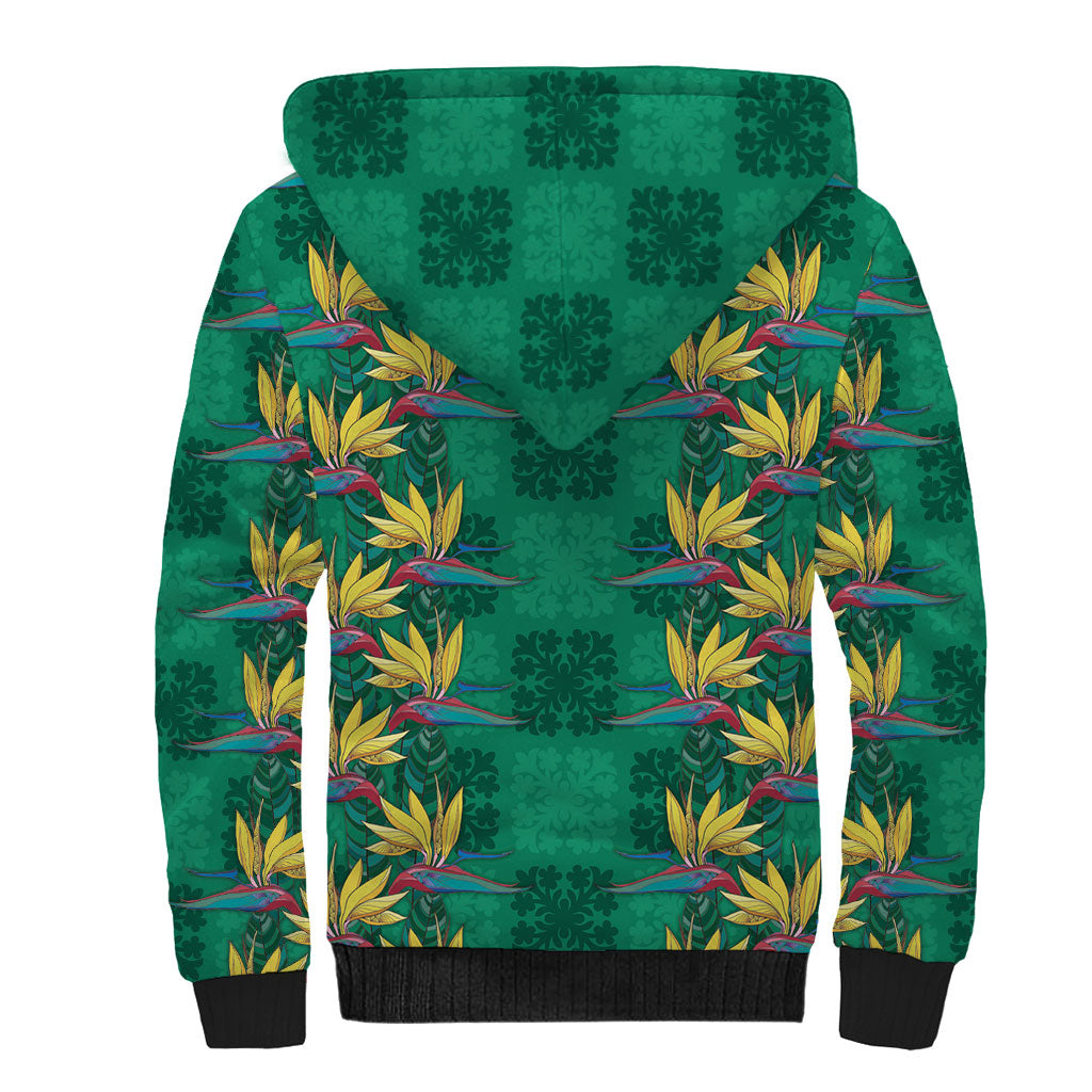 Hawaii Waikiki King Sherpa Hoodie Green Quilt With Pua Manu LT05 - Polynesian Pride