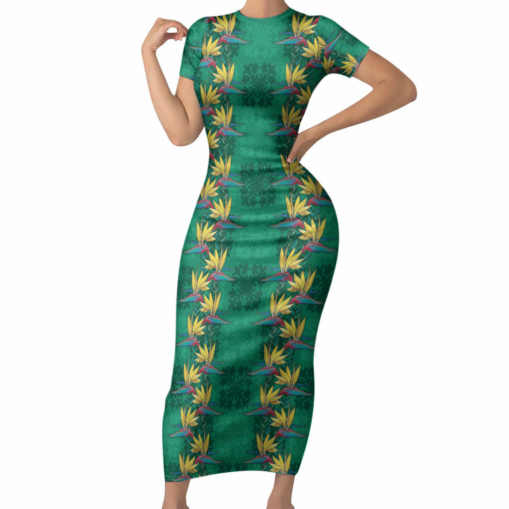 Hawaii Waikiki King Short Sleeve Bodycon Dress Green Quilt With Pua Manu LT05 Long Dress Green - Polynesian Pride