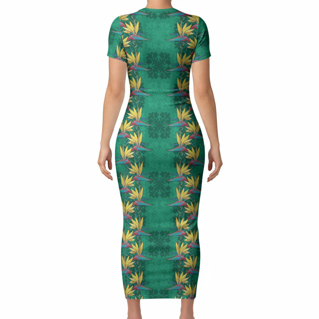 Hawaii Waikiki King Short Sleeve Bodycon Dress Green Quilt With Pua Manu LT05 - Polynesian Pride