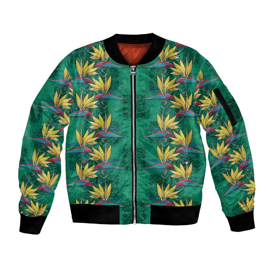 Hawaii Waikiki King Sleeve Zip Bomber Jacket Green Quilt With Pua Manu LT05 Unisex Green - Polynesian Pride