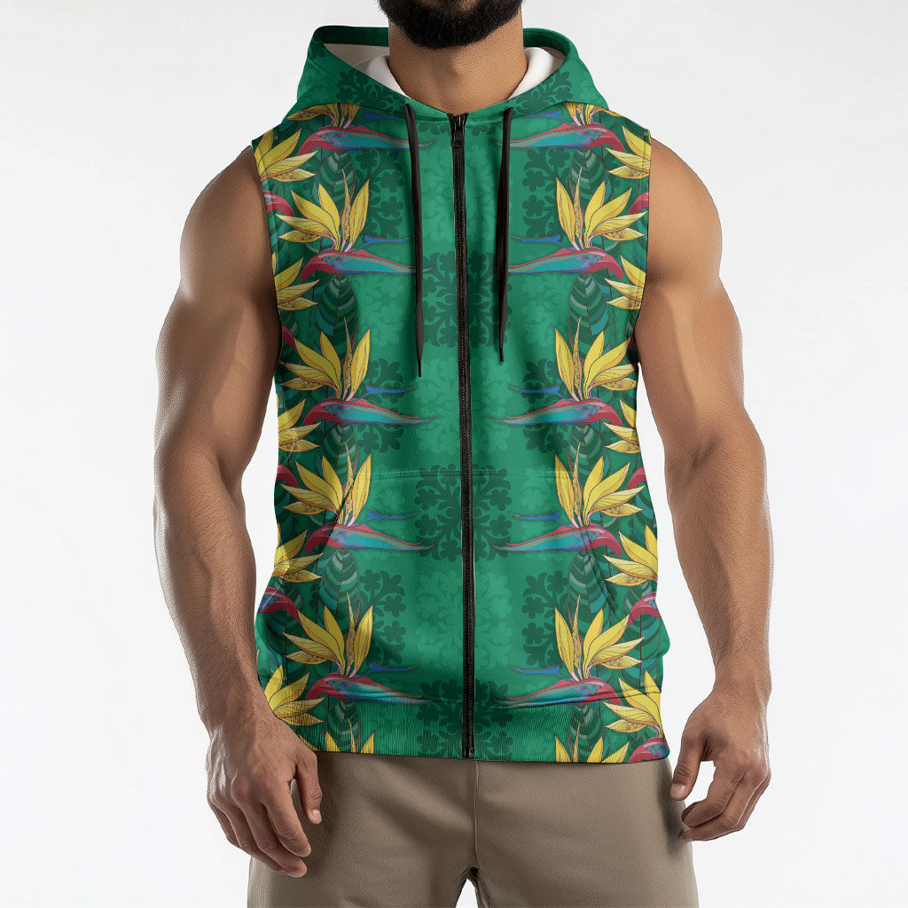 Hawaii Waikiki King Sleeveless Zip Hoodie Green Quilt With Pua Manu LT05 - Polynesian Pride