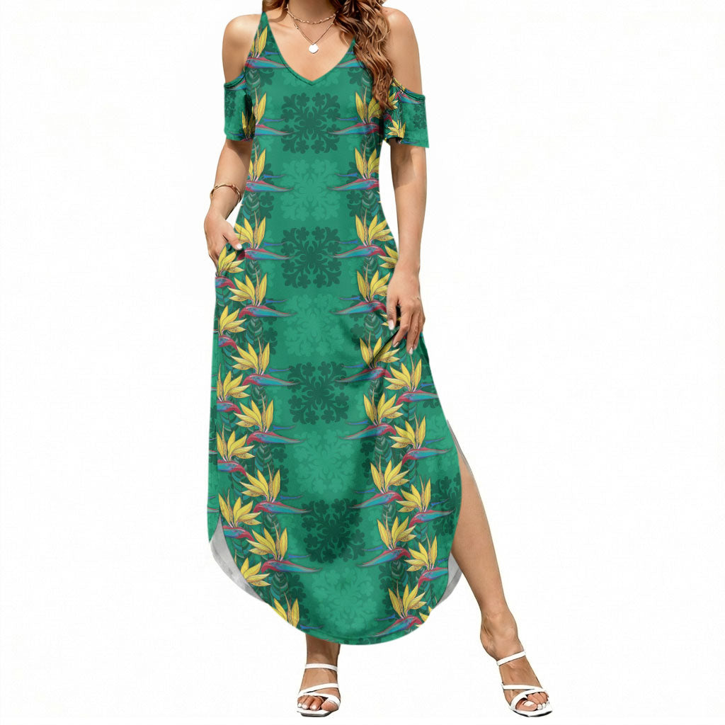 Hawaii Waikiki King Summer Maxi Dress Green Quilt With Pua Manu LT05 Women Green - Polynesian Pride