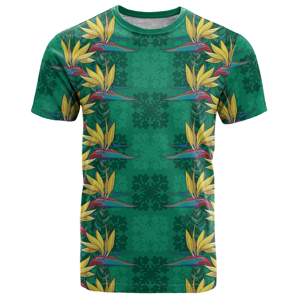 Hawaii Waikiki King T Shirt Green Quilt With Pua Manu LT05 Green - Polynesian Pride