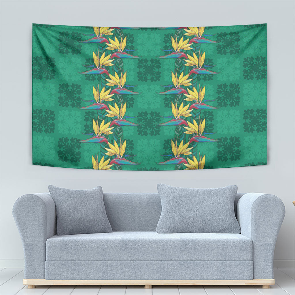 Hawaii Waikiki King Tapestry Green Quilt With Pua Manu LT05 - Polynesian Pride