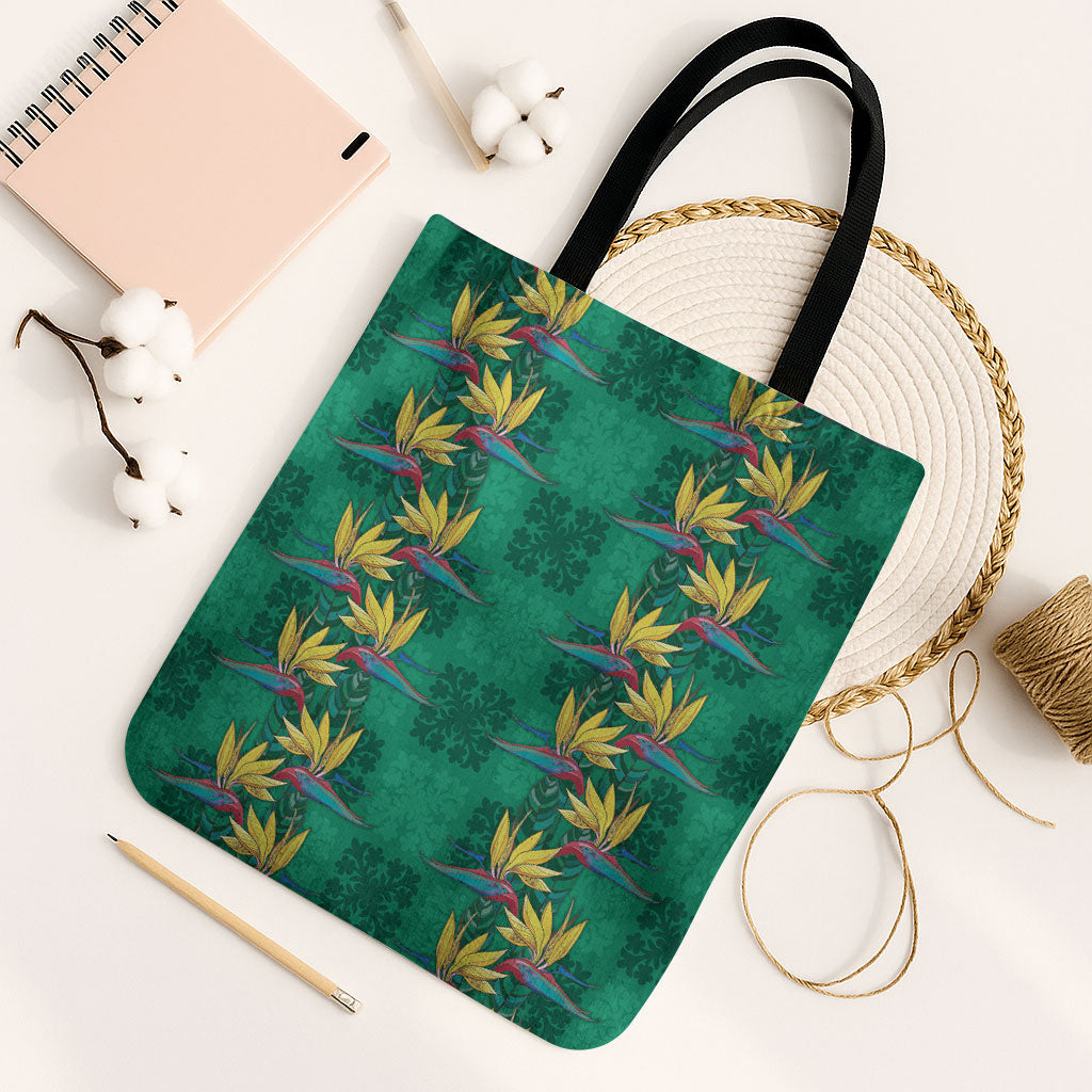 Hawaii Waikiki King Tote Bag Green Quilt With Pua Manu LT05 Black Strap One Size Green - Polynesian Pride