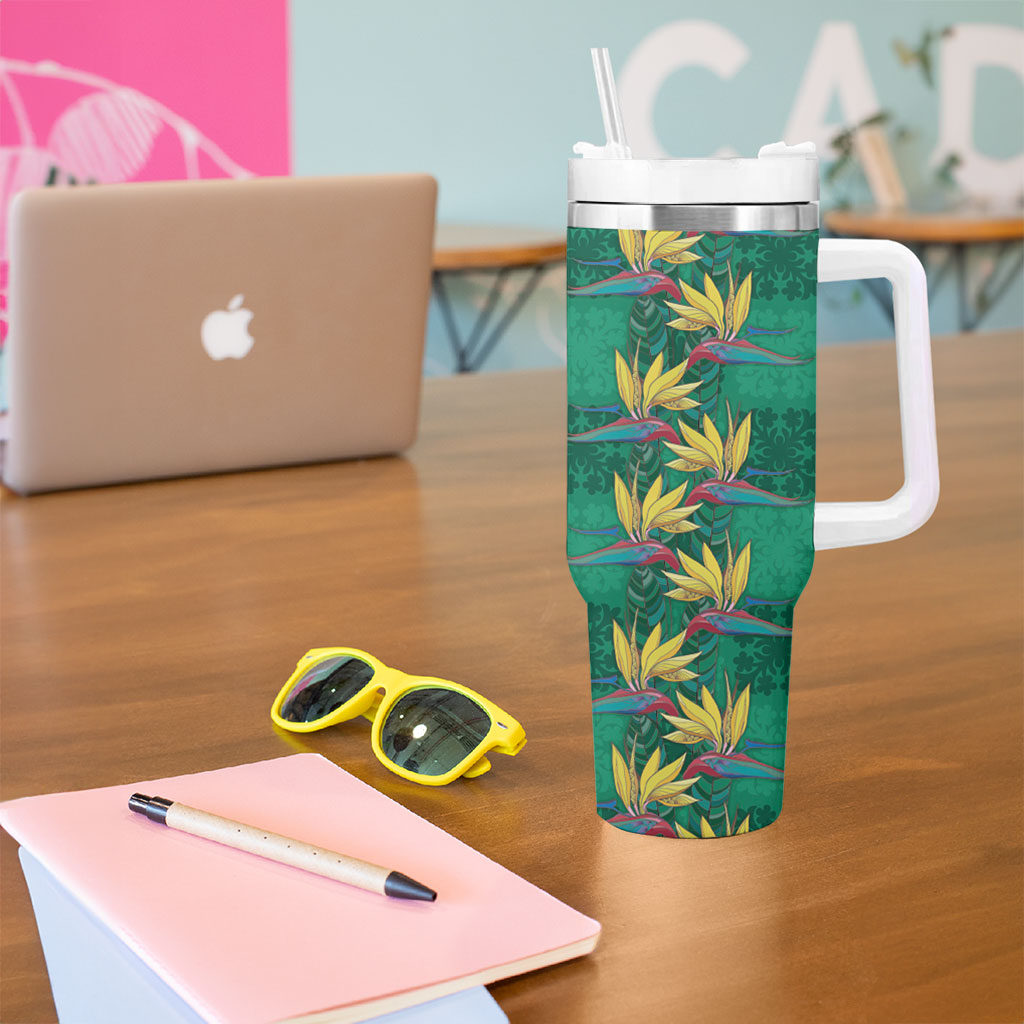 Hawaii Waikiki King Tumbler With Handle Green Quilt With Pua Manu LT05 - Polynesian Pride