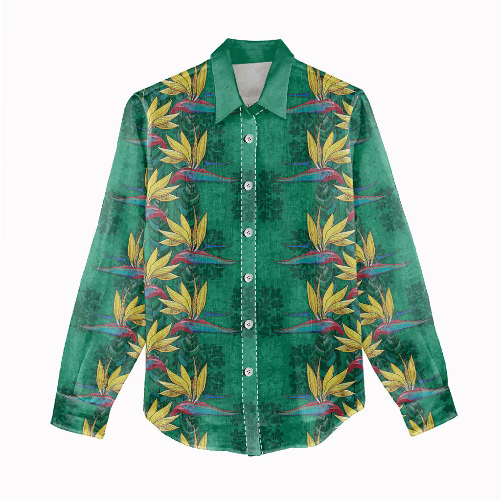 Hawaii Waikiki King Women Casual Shirt Green Quilt With Pua Manu LT05 - Polynesian Pride