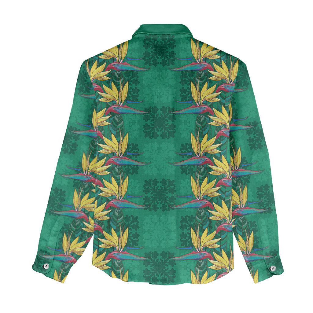 Hawaii Waikiki King Women Casual Shirt Green Quilt With Pua Manu LT05 - Polynesian Pride