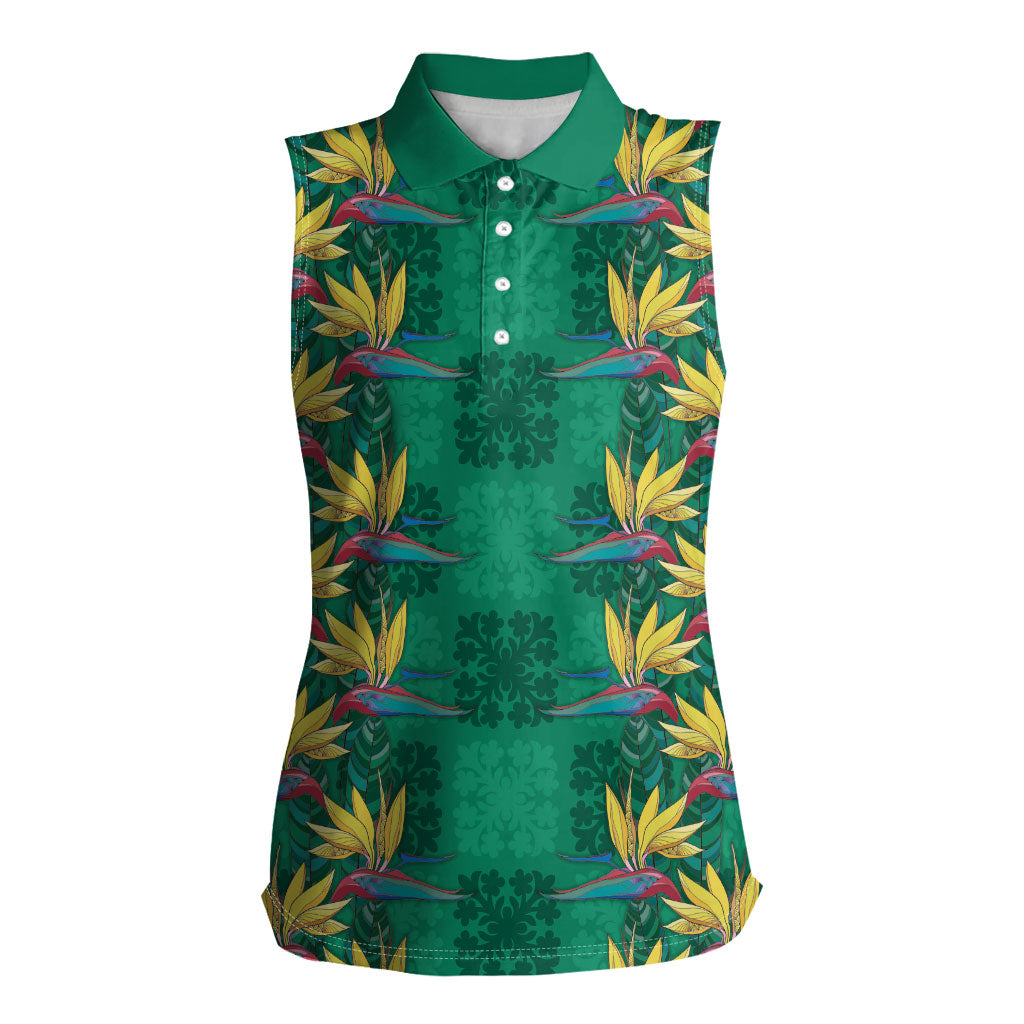 Hawaii Waikiki King Women Sleeveless Polo Shirt Green Quilt With Pua Manu LT05 Female Green - Polynesian Pride