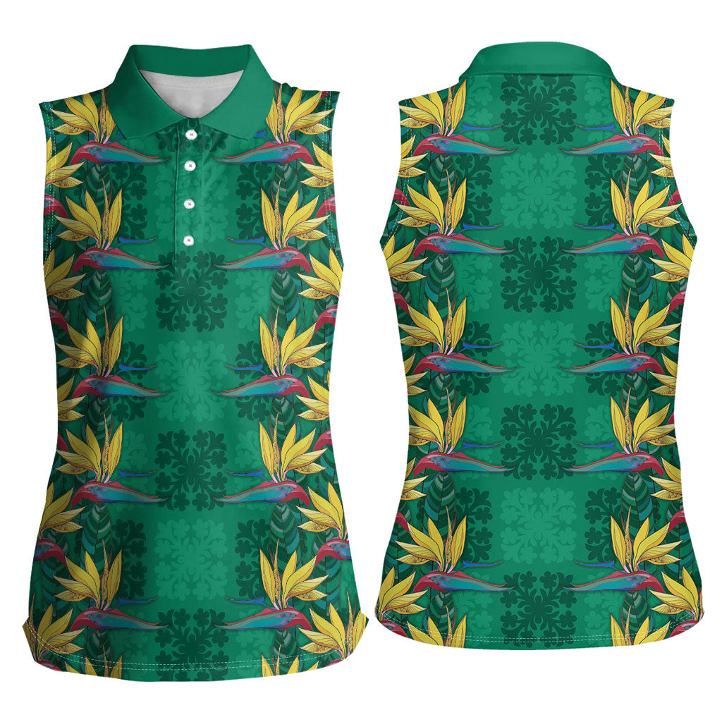 Hawaii Waikiki King Women Sleeveless Polo Shirt Green Quilt With Pua Manu LT05 - Polynesian Pride