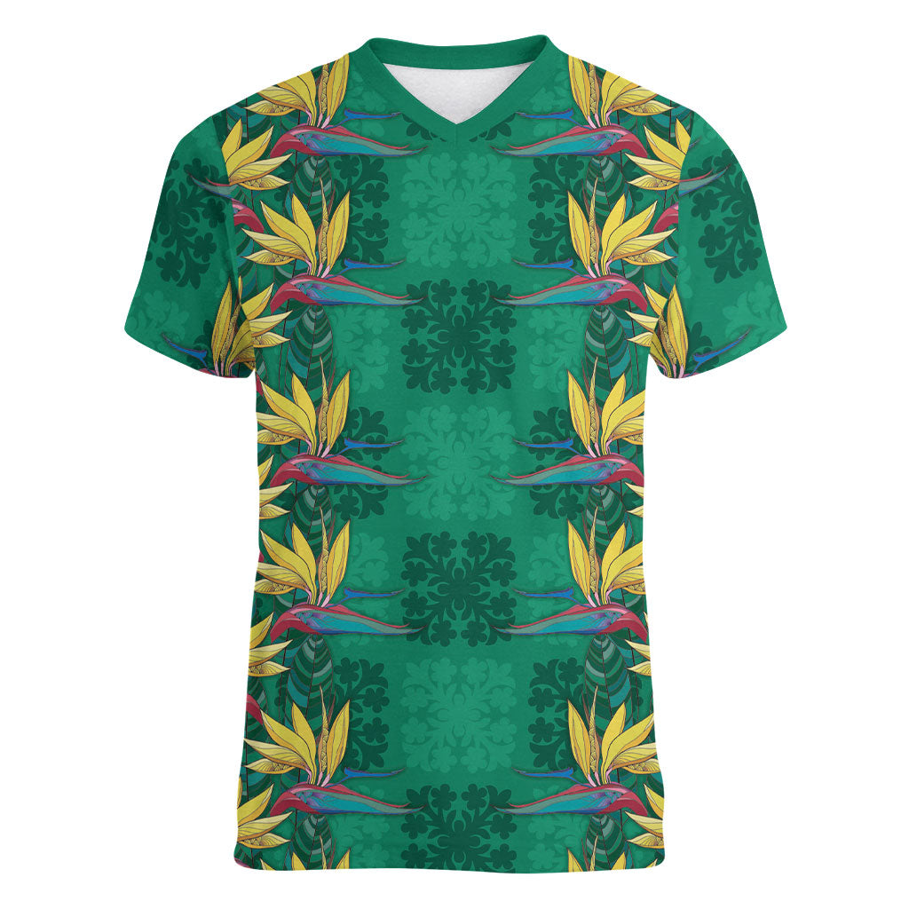 Hawaii Waikiki King Women V-Neck T-Shirt Green Quilt With Pua Manu LT05 Female Green - Polynesian Pride