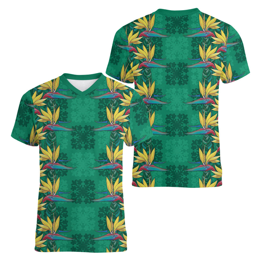 Hawaii Waikiki King Women V-Neck T-Shirt Green Quilt With Pua Manu LT05 - Polynesian Pride