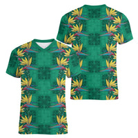 Hawaii Waikiki King Women V-Neck T-Shirt Green Quilt With Pua Manu LT05 - Polynesian Pride