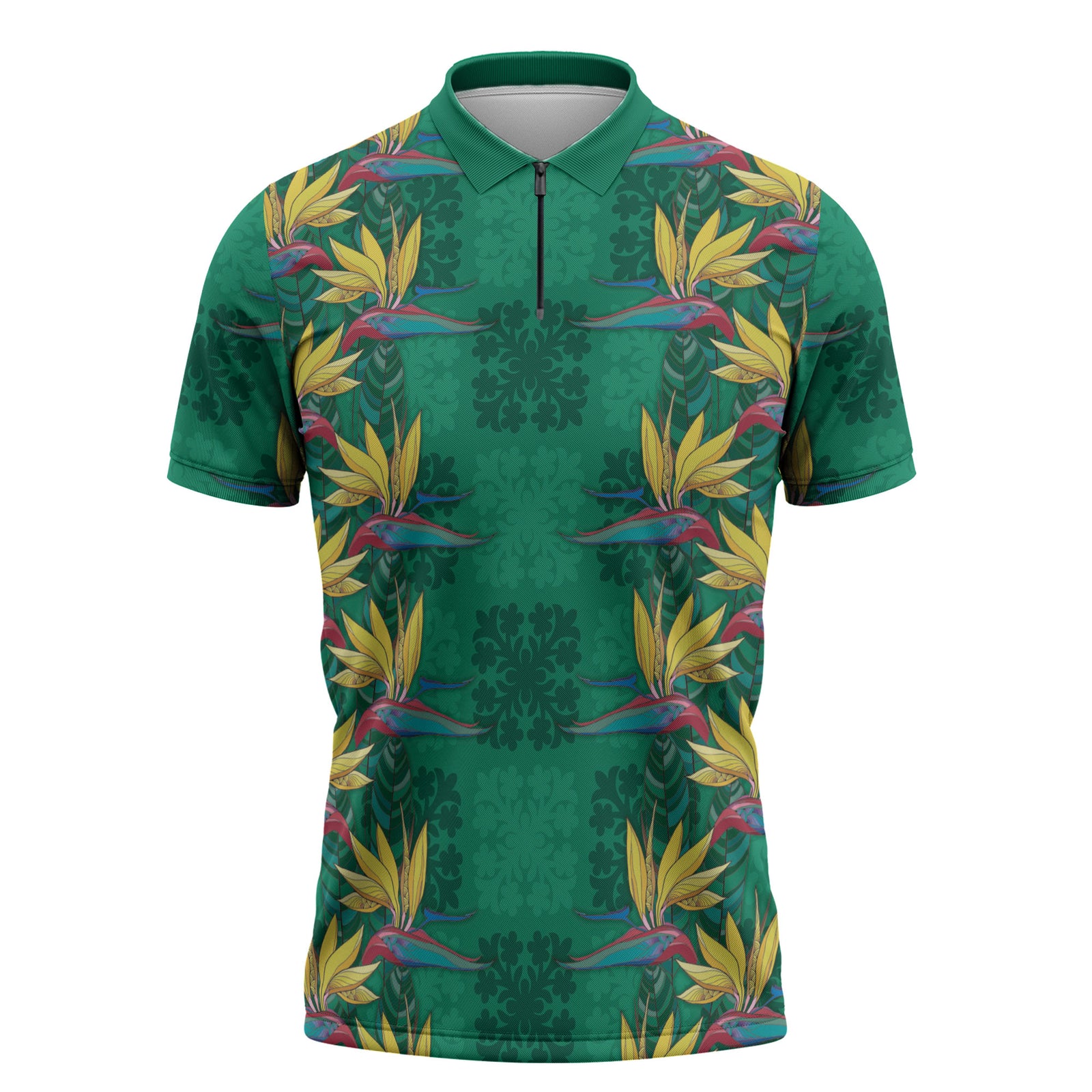 Hawaii Waikiki King Zipper Polo Shirt Green Quilt With Pua Manu LT05 Green - Polynesian Pride