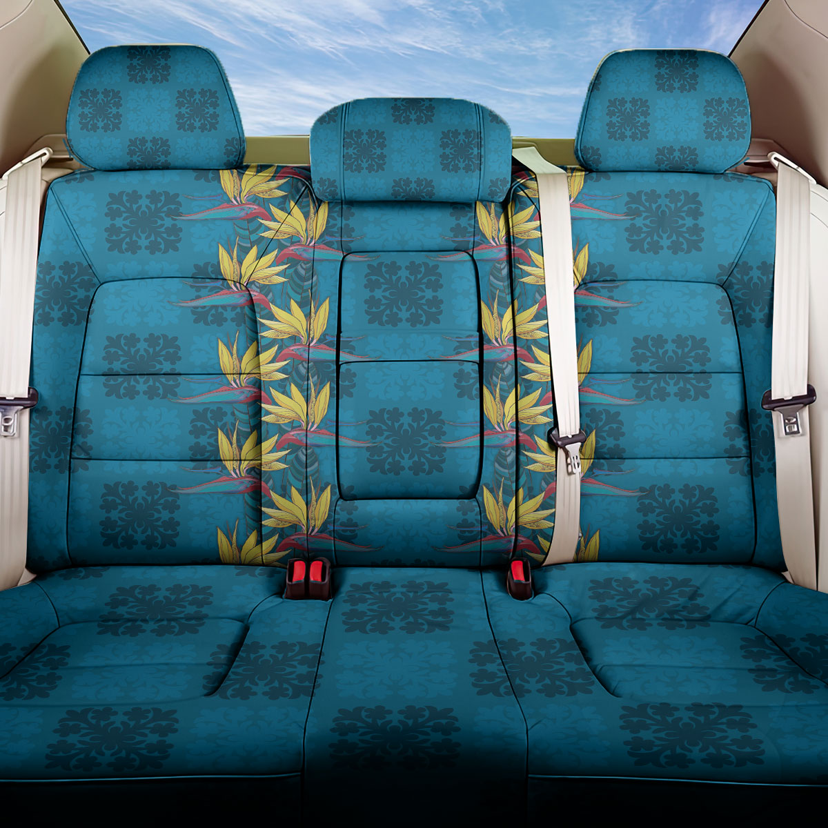 Hawaii Waikiki King Back Car Seat Cover Blue Quilt With Pua Manu LT05 One Size Blue - Polynesian Pride