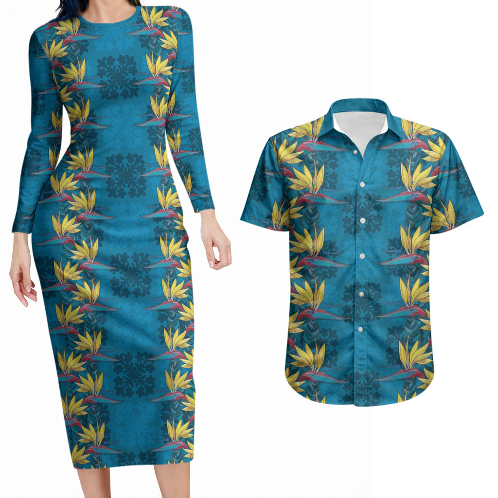 Hawaii Waikiki King Couples Matching Long Sleeve Bodycon Dress and Hawaiian Shirt Blue Quilt With Pua Manu LT05 Blue - Polynesian Pride