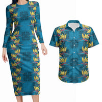 Hawaii Waikiki King Couples Matching Long Sleeve Bodycon Dress and Hawaiian Shirt Blue Quilt With Pua Manu LT05 Blue - Polynesian Pride