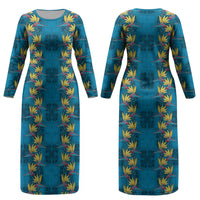 Hawaii Waikiki King Couples Matching Long Sleeve Bodycon Dress and Hawaiian Shirt Blue Quilt With Pua Manu LT05 - Polynesian Pride