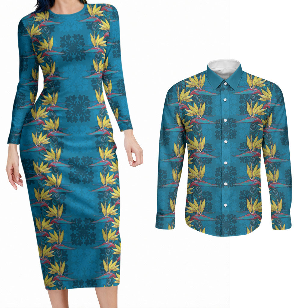 Hawaii Waikiki King Couples Matching Long Sleeve Bodycon Dress and Long Sleeve Button Shirt Blue Quilt With Pua Manu LT05 Blue - Polynesian Pride