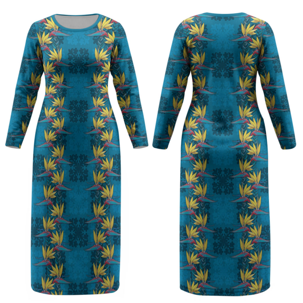 Hawaii Waikiki King Couples Matching Long Sleeve Bodycon Dress and Long Sleeve Button Shirt Blue Quilt With Pua Manu LT05 - Polynesian Pride