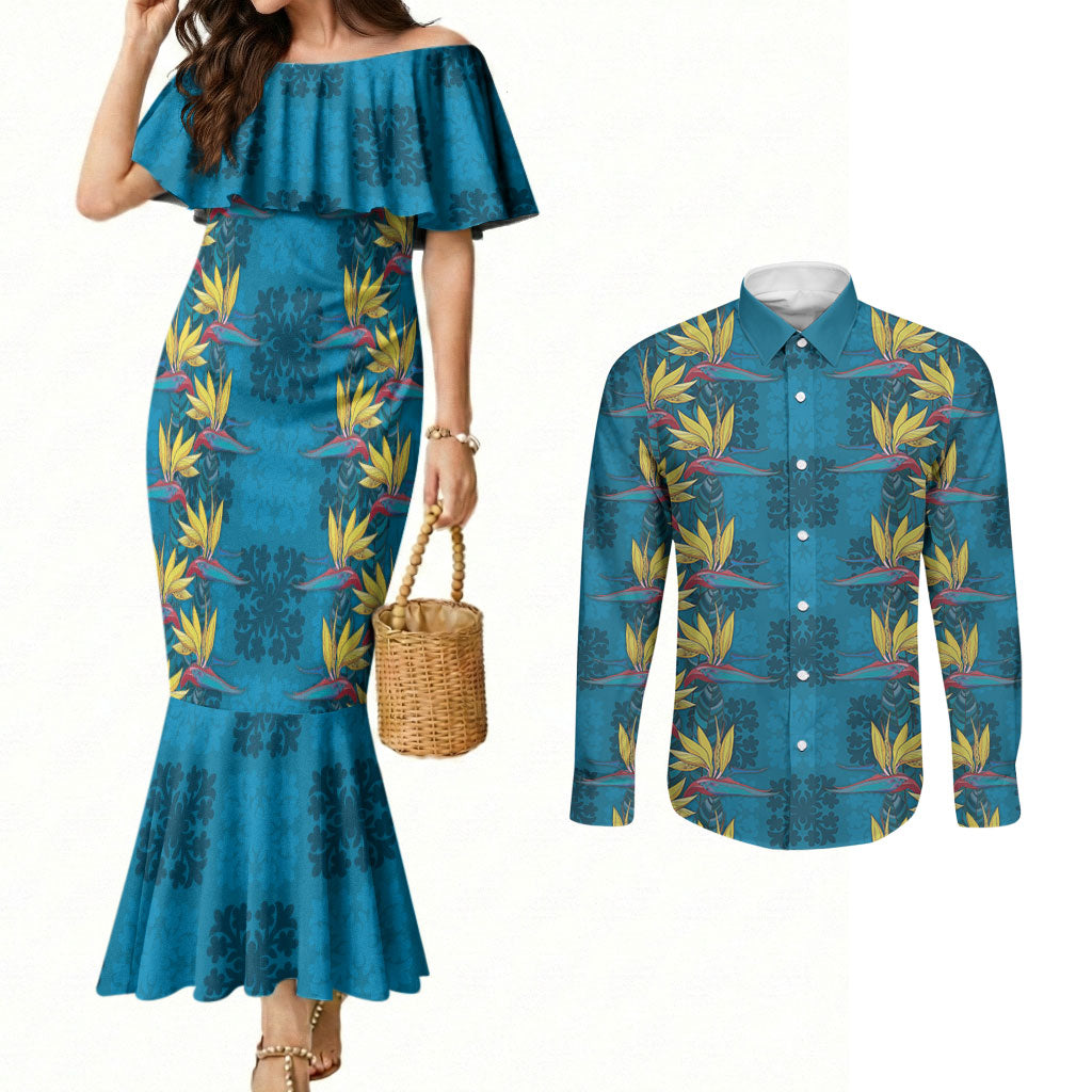 Hawaii Waikiki King Couples Matching Mermaid Dress and Long Sleeve Button Shirt Blue Quilt With Pua Manu