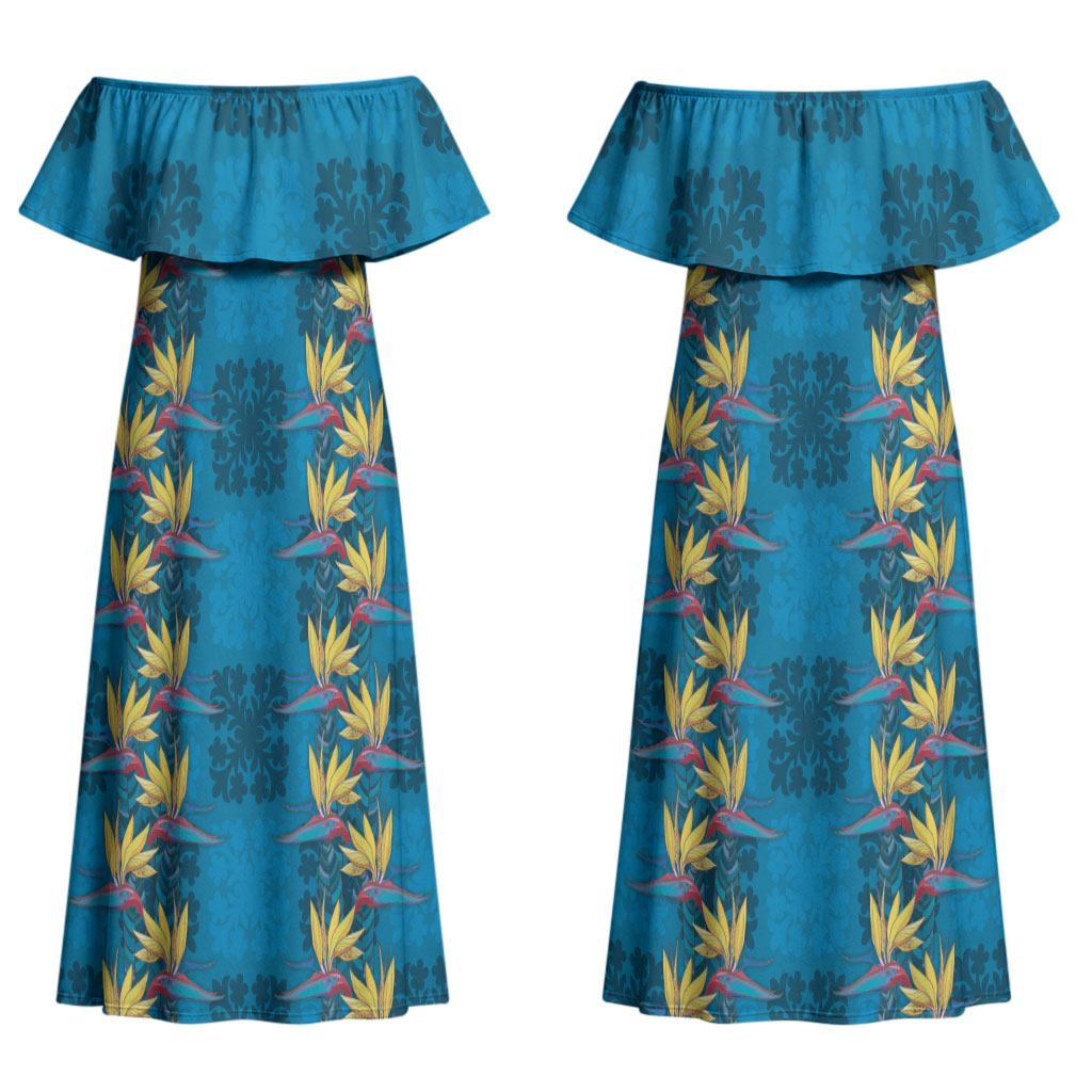 Hawaii Waikiki King Couples Matching Off Shoulder Maxi Dress and Hawaiian Shirt Blue Quilt With Pua Manu LT05 - Polynesian Pride