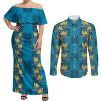 Hawaii Waikiki King Couples Matching Off Shoulder Maxi Dress and Long Sleeve Button Shirt Blue Quilt With Pua Manu LT05 Blue - Polynesian Pride