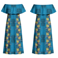 Hawaii Waikiki King Couples Matching Off Shoulder Maxi Dress and Long Sleeve Button Shirt Blue Quilt With Pua Manu LT05 - Polynesian Pride