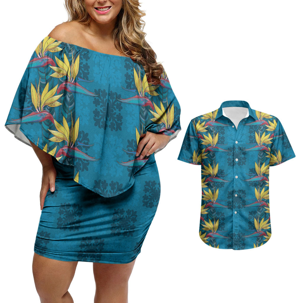 Hawaii Waikiki King Couples Matching Off Shoulder Short Dress and Hawaiian Shirt Blue Quilt With Pua Manu LT05 Blue - Polynesian Pride