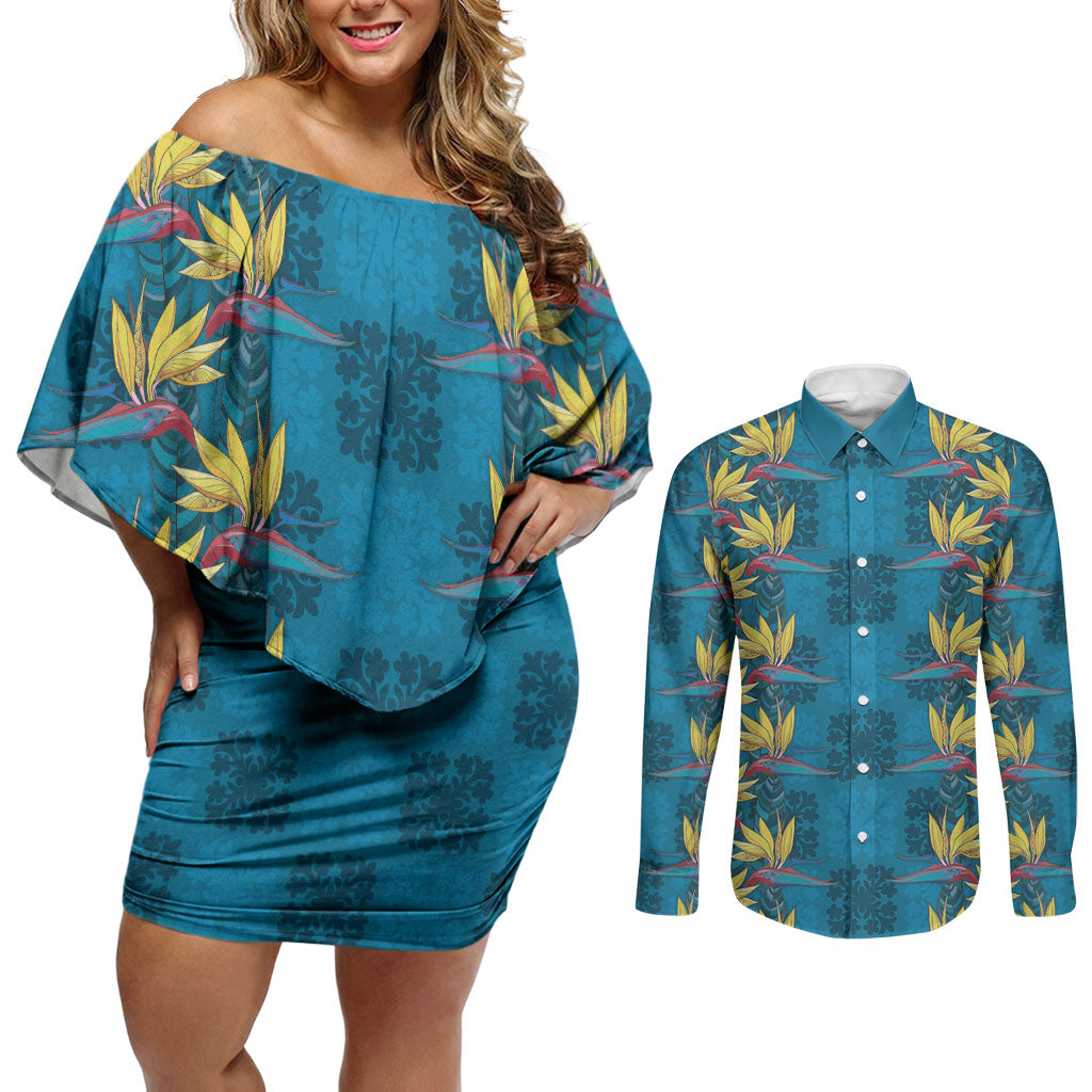 Hawaii Waikiki King Couples Matching Off Shoulder Short Dress and Long Sleeve Button Shirt Blue Quilt With Pua Manu LT05 Blue - Polynesian Pride