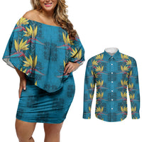 Hawaii Waikiki King Couples Matching Off Shoulder Short Dress and Long Sleeve Button Shirt Blue Quilt With Pua Manu LT05 Blue - Polynesian Pride