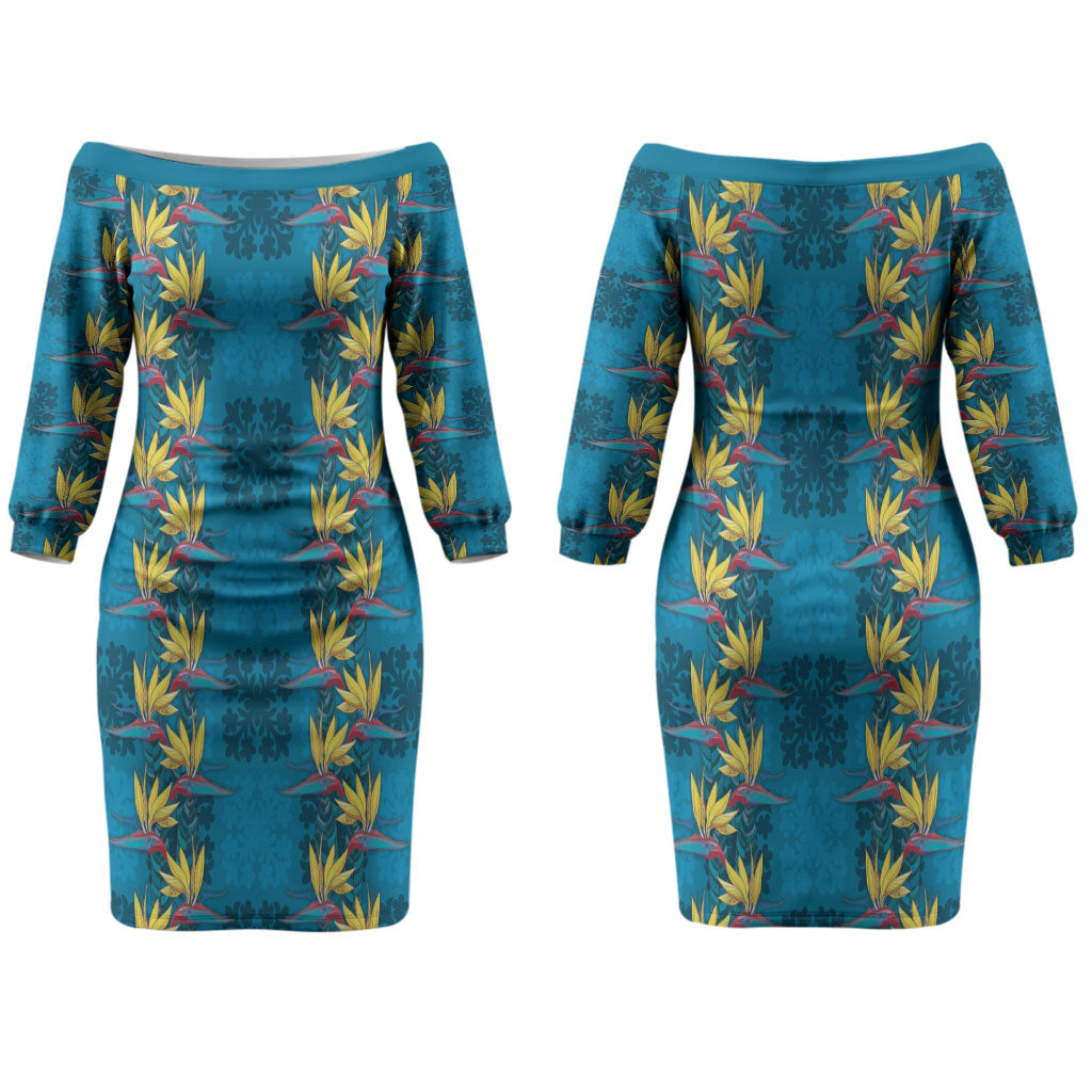 Hawaii Waikiki King Couples Matching Off The Shoulder Long Sleeve Dress and Hawaiian Shirt Blue Quilt With Pua Manu LT05 - Polynesian Pride