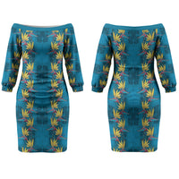 Hawaii Waikiki King Couples Matching Off The Shoulder Long Sleeve Dress and Hawaiian Shirt Blue Quilt With Pua Manu LT05 - Polynesian Pride