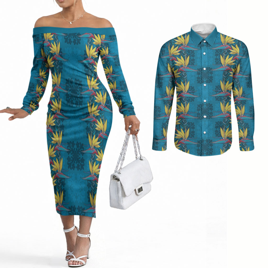 Hawaii Waikiki King Couples Matching Off The Shoulder Long Sleeve Dress and Long Sleeve Button Shirt Blue Quilt With Pua Manu LT05 Blue - Polynesian Pride
