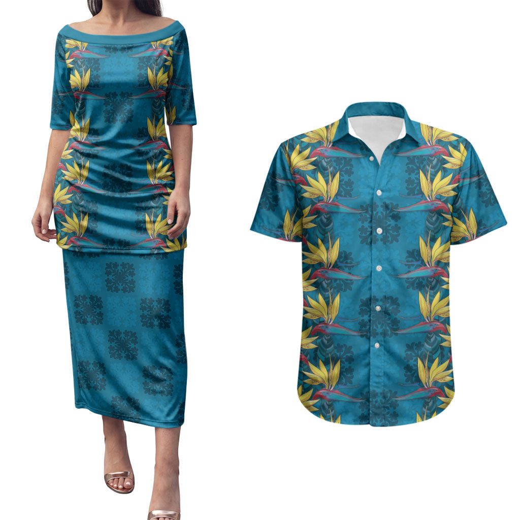 Hawaii Waikiki King Couples Matching Puletasi and Hawaiian Shirt Blue Quilt With Pua Manu