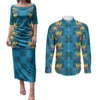 Hawaii Waikiki King Couples Matching Puletasi and Long Sleeve Button Shirt Blue Quilt With Pua Manu LT05 Blue - Polynesian Pride