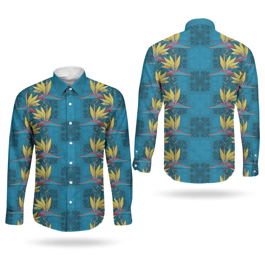 Hawaii Waikiki King Couples Matching Puletasi and Long Sleeve Button Shirt Blue Quilt With Pua Manu LT05 - Polynesian Pride