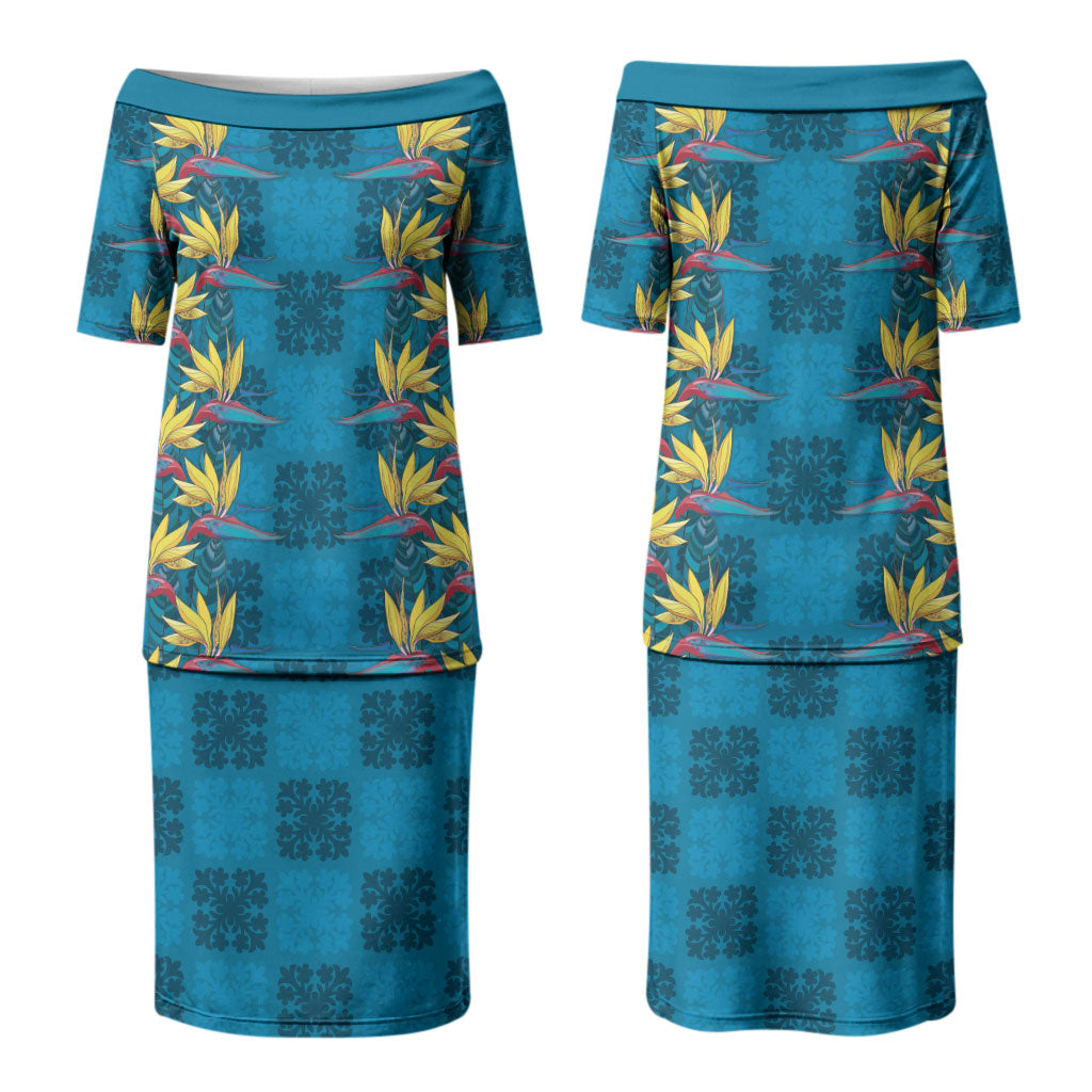 Hawaii Waikiki King Couples Matching Puletasi and Long Sleeve Button Shirt Blue Quilt With Pua Manu LT05 - Polynesian Pride