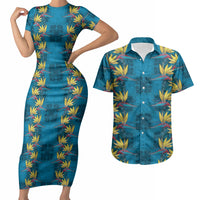 Hawaii Waikiki King Couples Matching Short Sleeve Bodycon Dress and Hawaiian Shirt Blue Quilt With Pua Manu LT05 Blue - Polynesian Pride