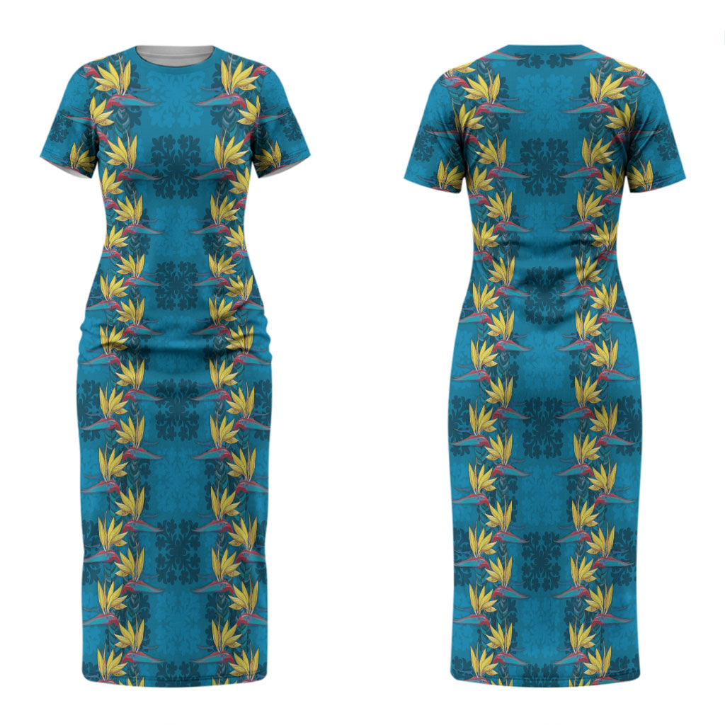 Hawaii Waikiki King Couples Matching Short Sleeve Bodycon Dress and Hawaiian Shirt Blue Quilt With Pua Manu LT05 - Polynesian Pride