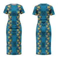 Hawaii Waikiki King Couples Matching Short Sleeve Bodycon Dress and Hawaiian Shirt Blue Quilt With Pua Manu LT05 - Polynesian Pride